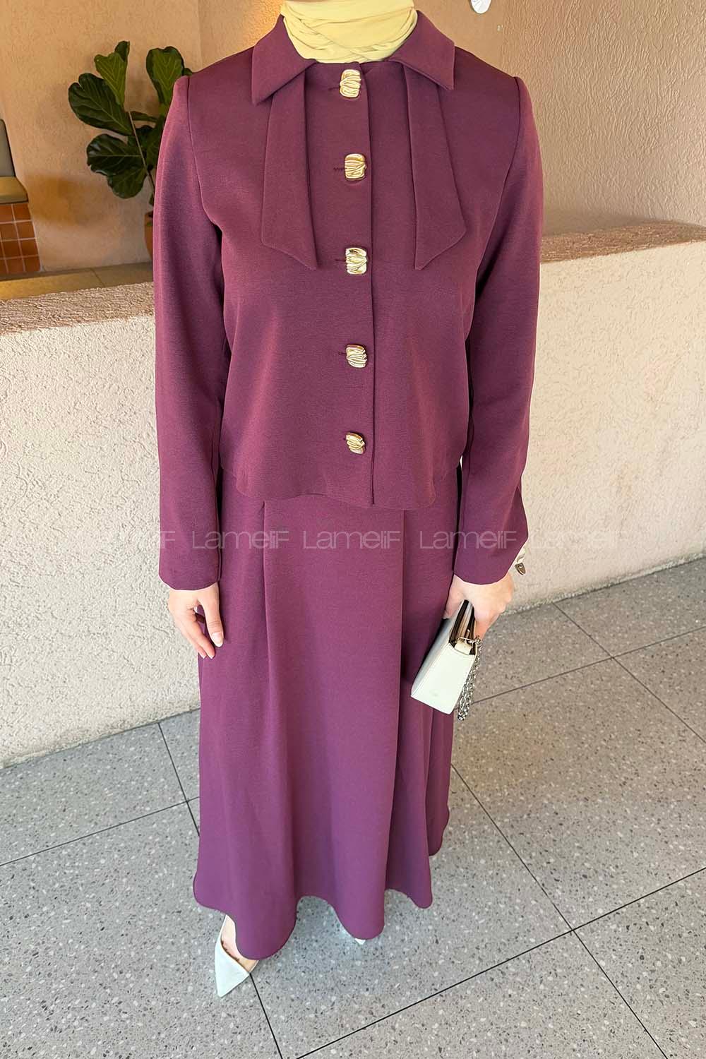 Lamelif Fiyonk Görünümlü Çift Yaka Takım Mürdüm