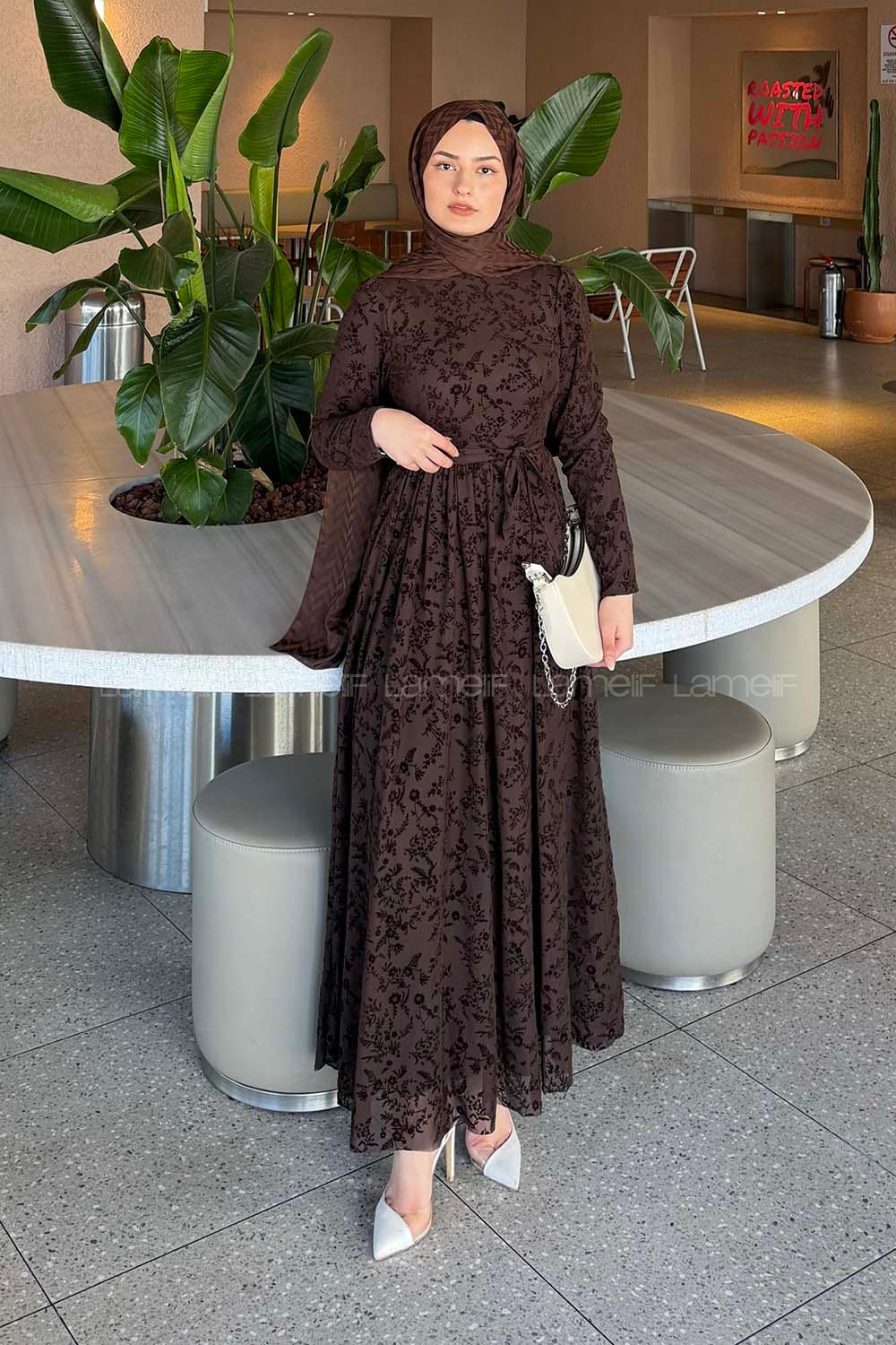 Lamelif Flok Model Elbise Acı Kahve
