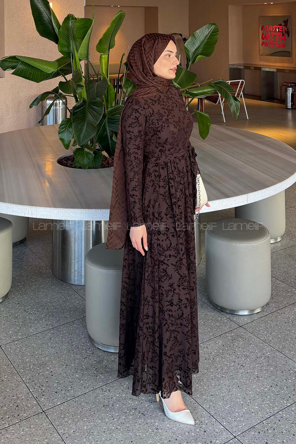 Lamelif Flok Model Elbise Acı Kahve