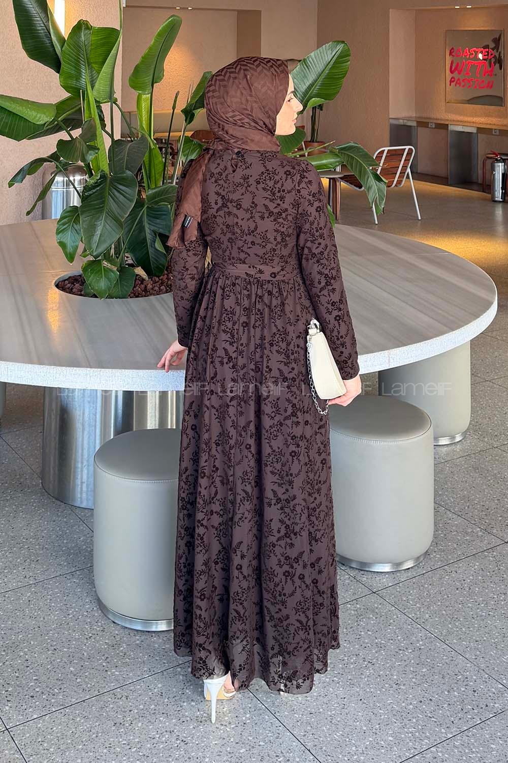 Lamelif Flok Model Elbise Acı Kahve