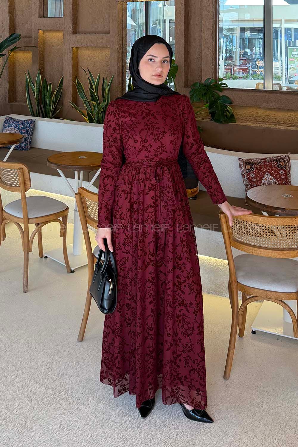 Lamelif Flok Model Elbise Bordo