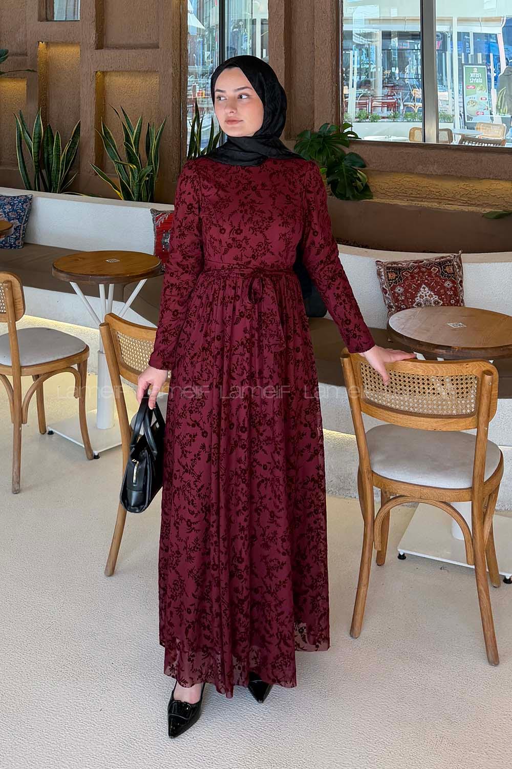 Lamelif Flok Model Elbise Bordo