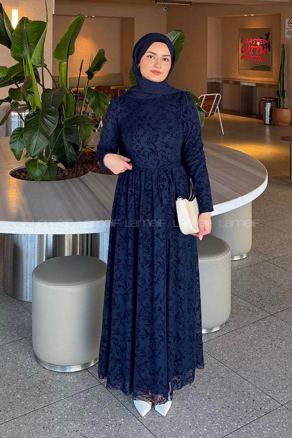 Navy Blue Crew Neck Cotton Dresess