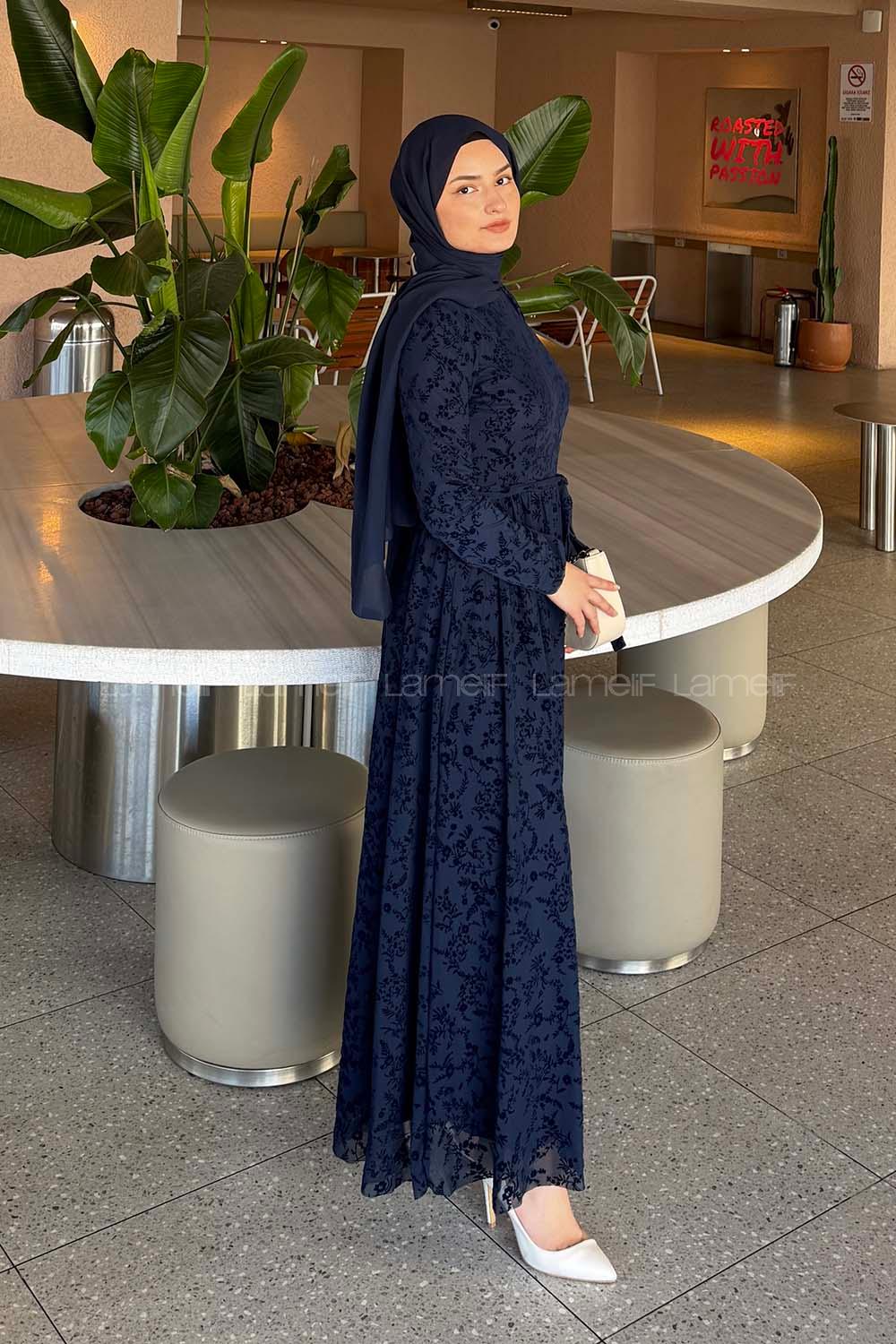 Navy Blue Crew Neck Cotton Dresess