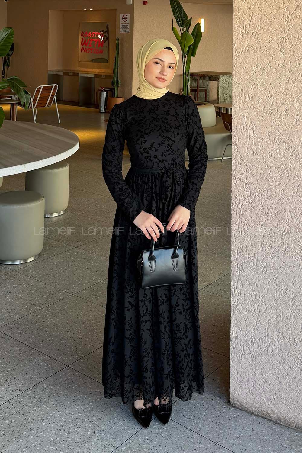 Lamelif Flok Model Elbise Siyah