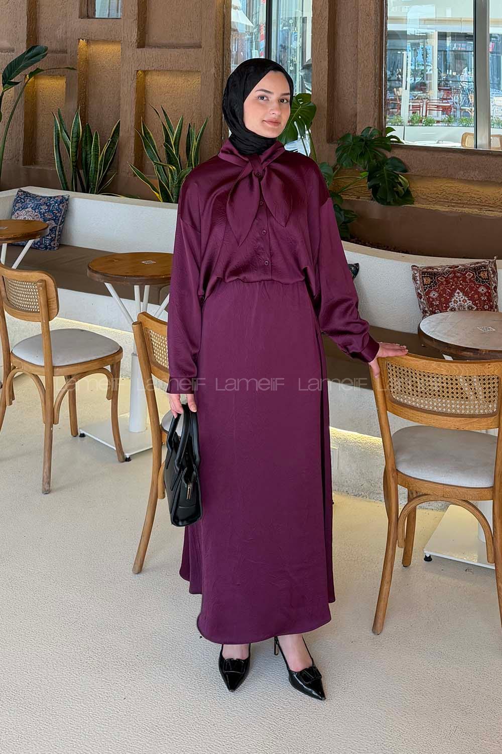 Lamelif Yaka Detaylı Etekli Takım Mürdüm