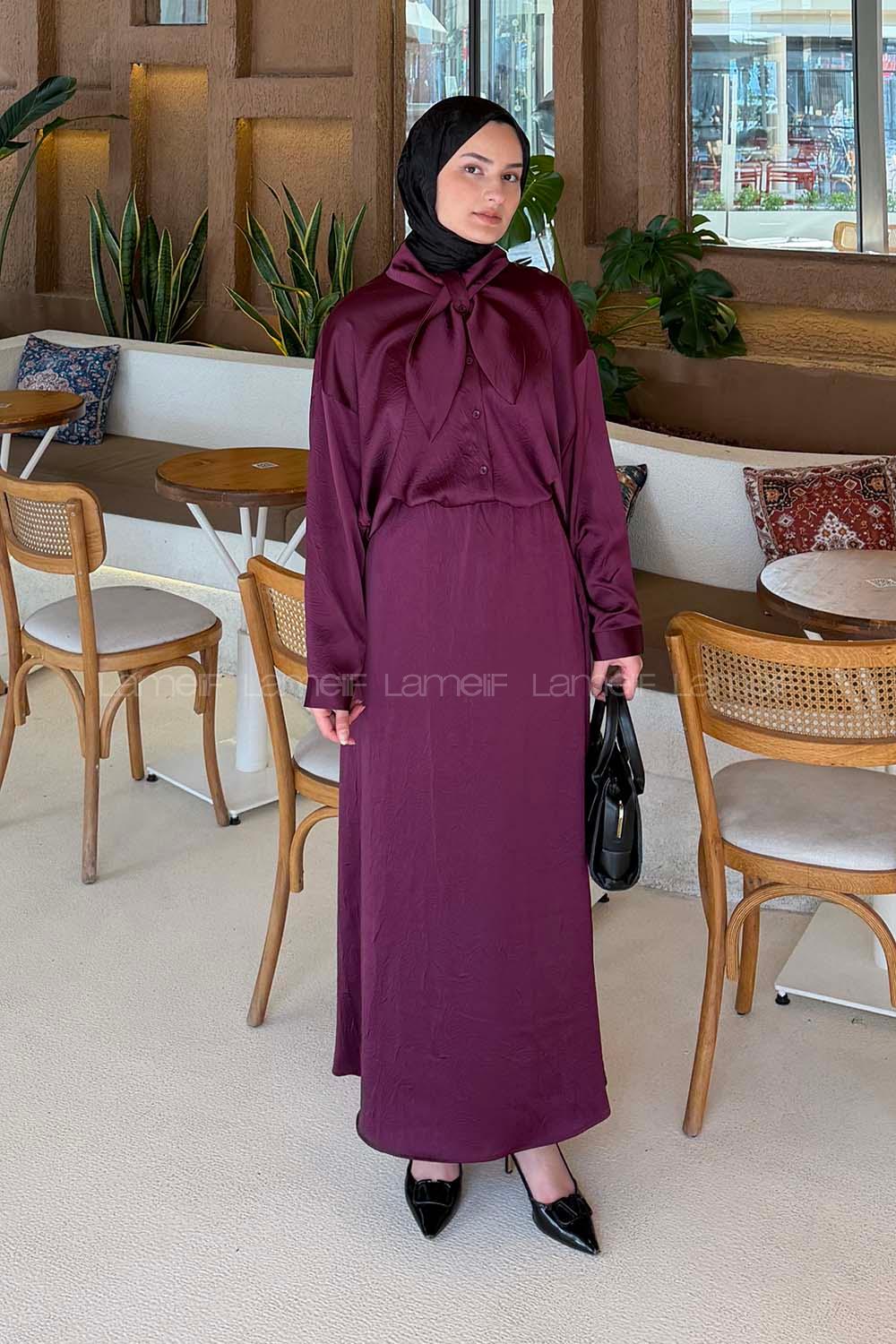 Lamelif Yaka Detaylı Etekli Takım Mürdüm