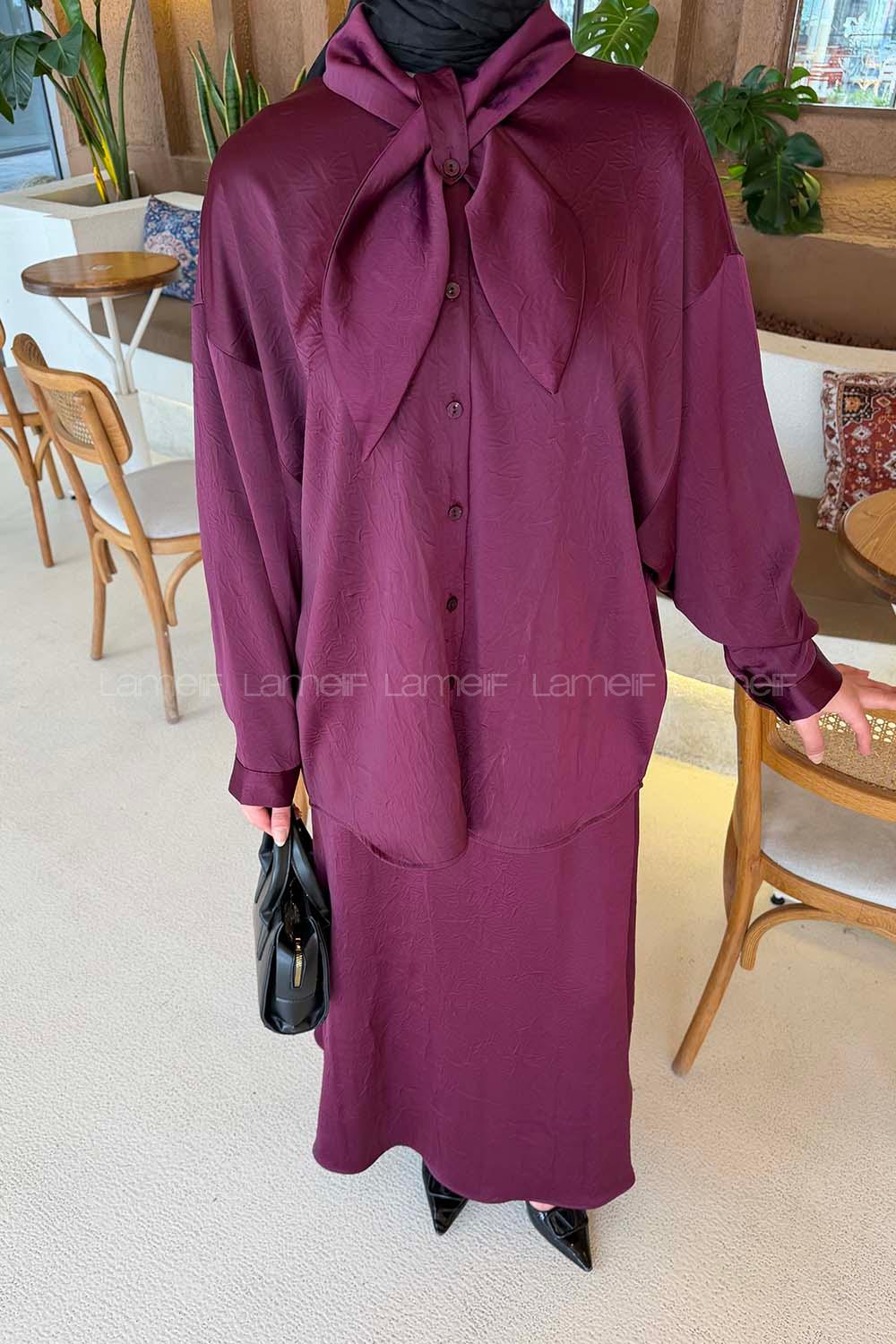 Lamelif Yaka Detaylı Etekli Takım Mürdüm