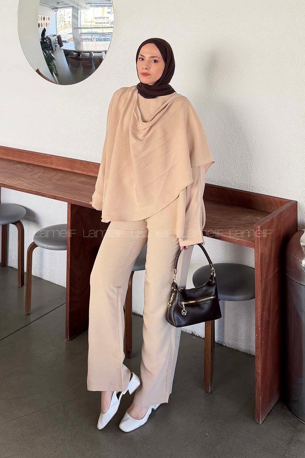 Beige Scarf Neck Long Arm Modal Regular Trousers Comfortable Suit