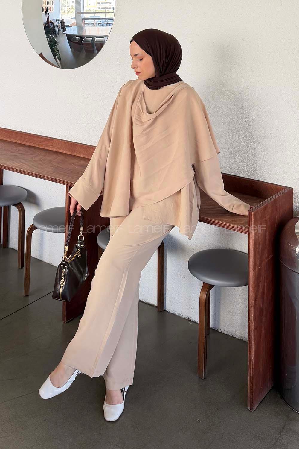 Beige Scarf Neck Long Arm Modal Regular Trousers Comfortable Suit