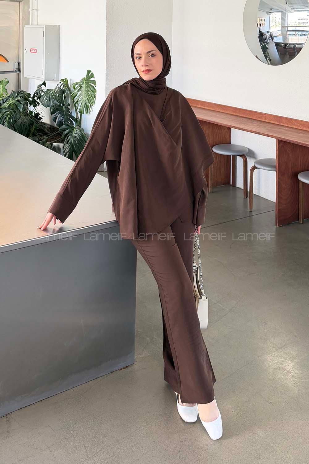 Dark Brown Scarf Neck Long Arm Modal Regular Trousers Comfortable Suit