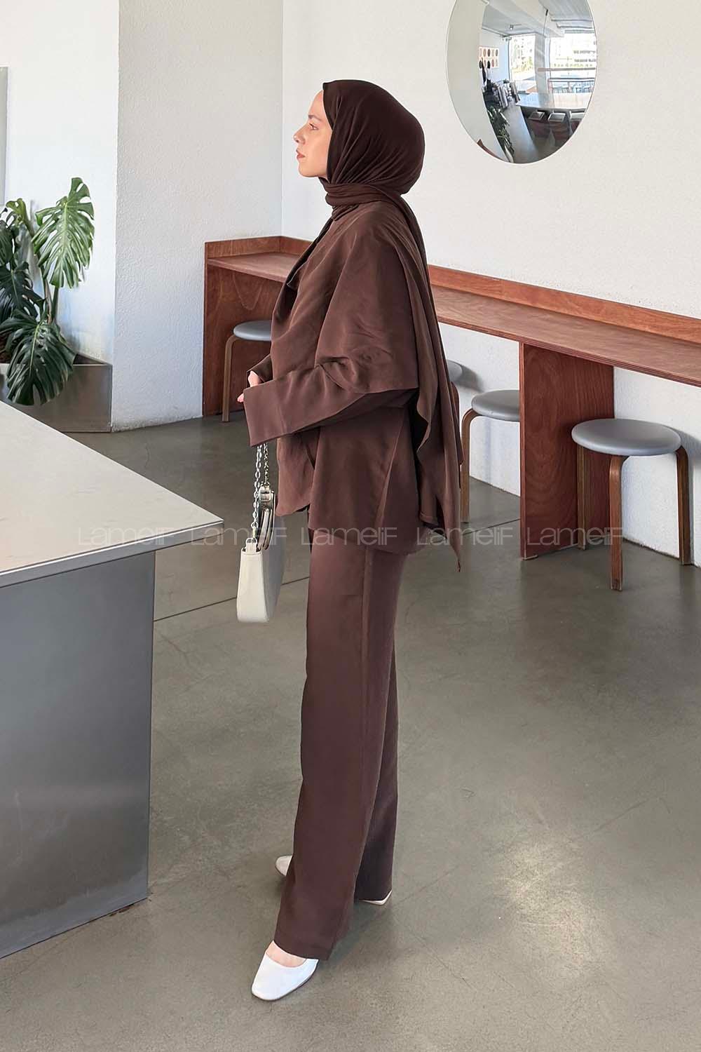 Dark Brown Scarf Neck Long Arm Modal Regular Trousers Comfortable Suit
