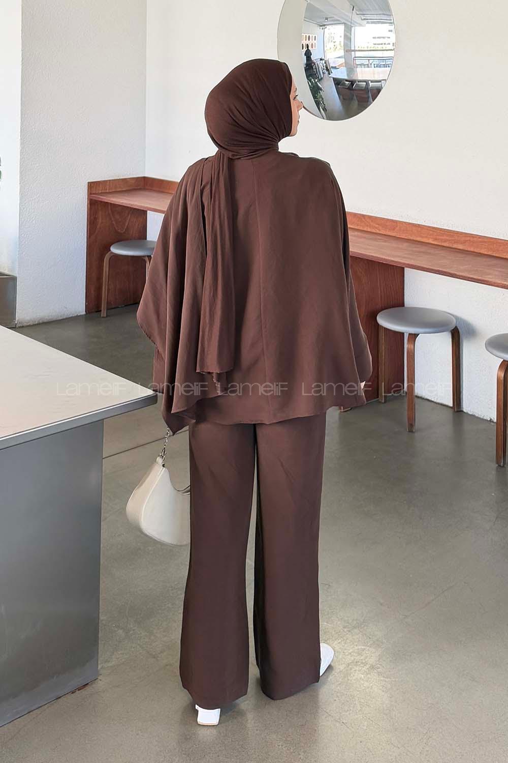 Dark Brown Scarf Neck Long Arm Modal Regular Trousers Comfortable Suit