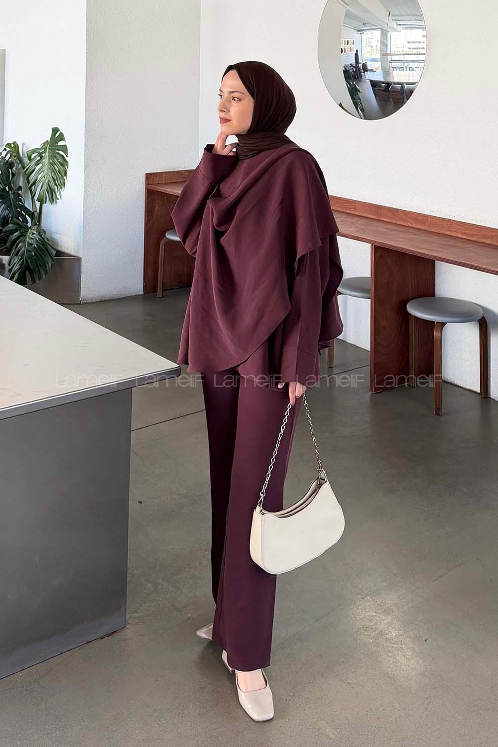 Plum Scarf Neck Long Arm Modal Regular Trousers Comfortable Suit