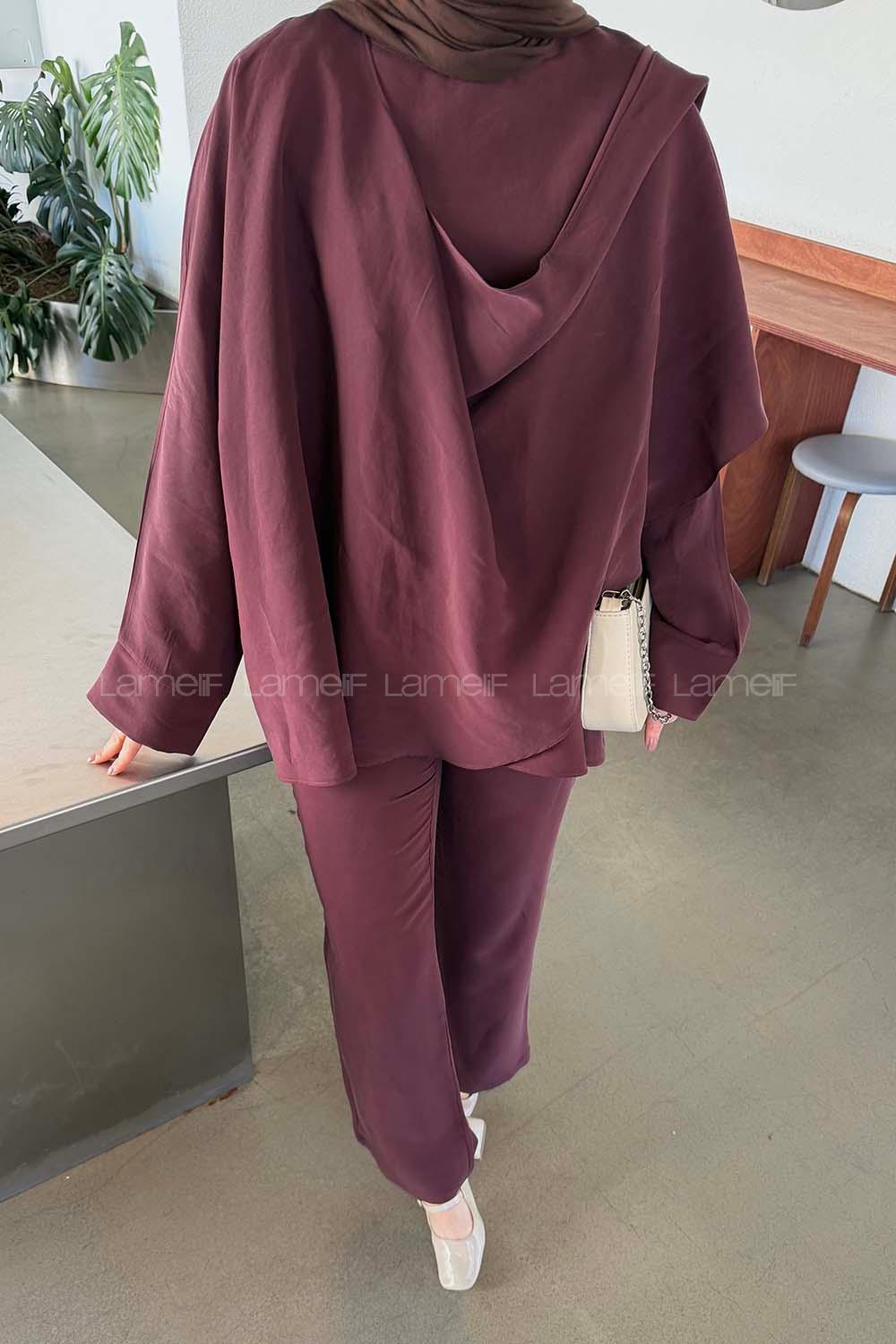 Plum Scarf Neck Long Arm Modal Regular Trousers Comfortable Suit