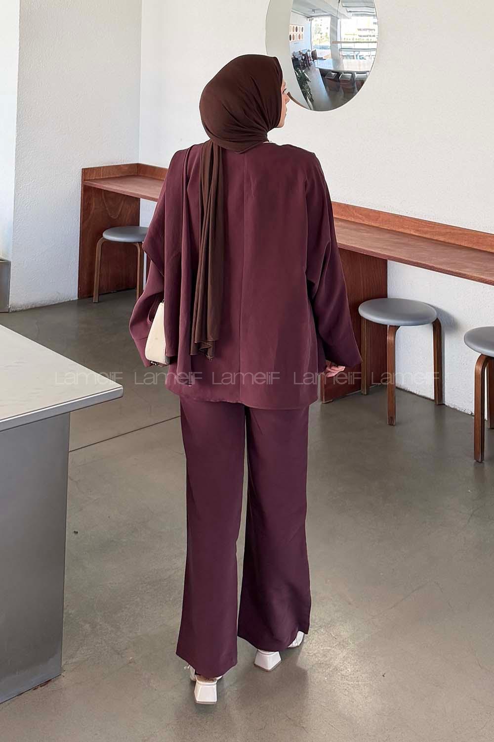 Plum Scarf Neck Long Arm Modal Regular Trousers Comfortable Suit
