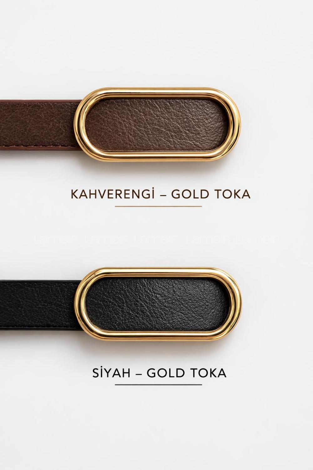 Lamelif Kadın 2 li Ithal Oval Gold Tokalı Ince Kemer, Pantolon Kemeri, Gömlek Kemeri, Ceket Kemeri
