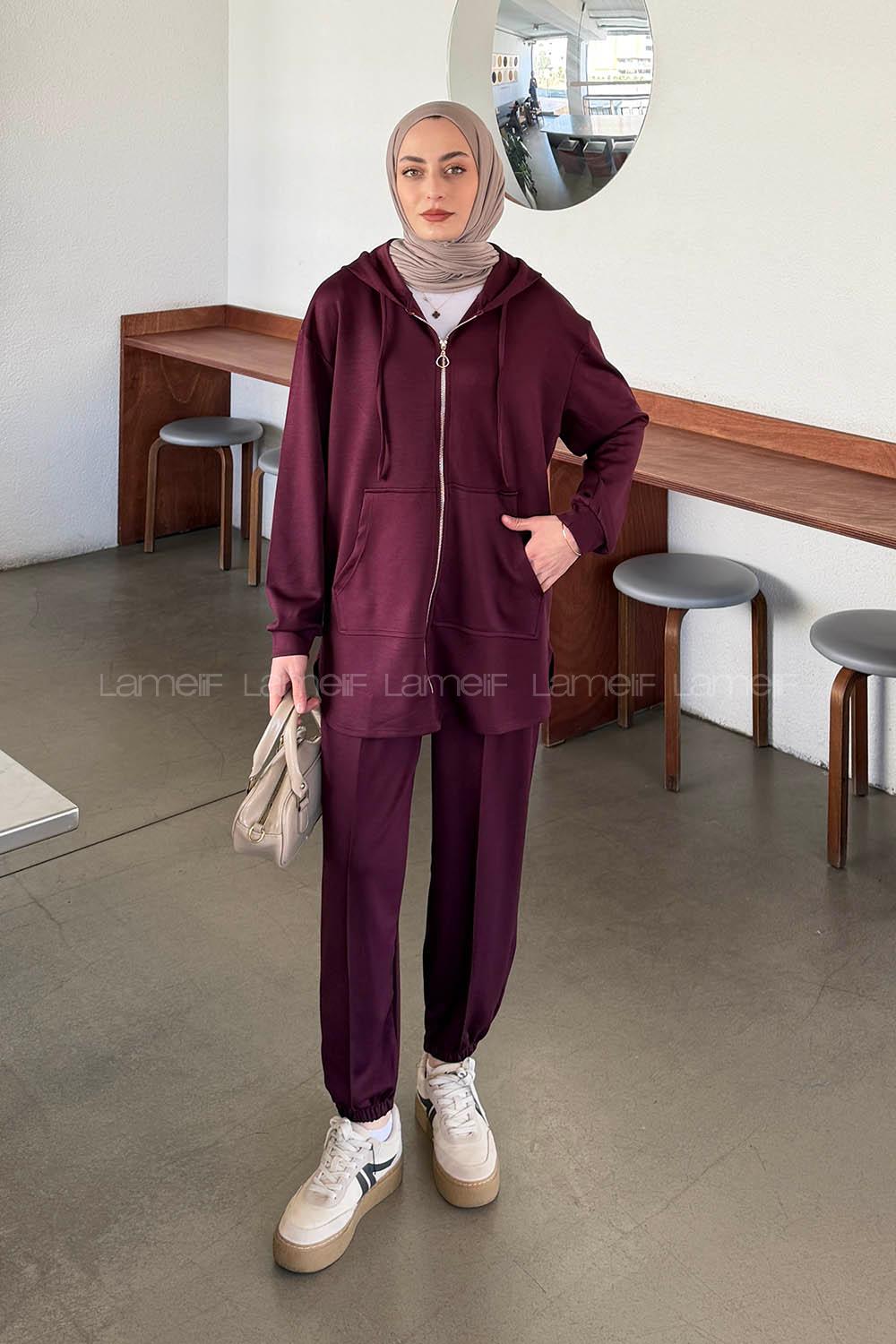 Lamelif Kapüşonlu Kanguru Cep İkili Takım Bordo