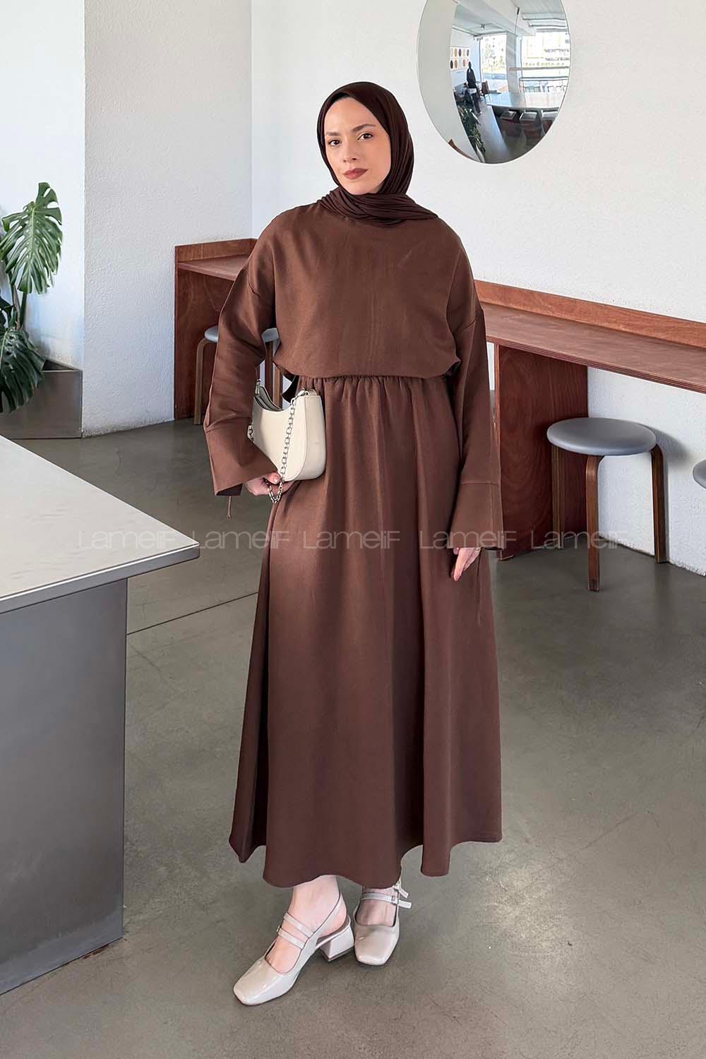 Bitter Brown Crew Neck Long Arm Linen Flared Skirt Suit