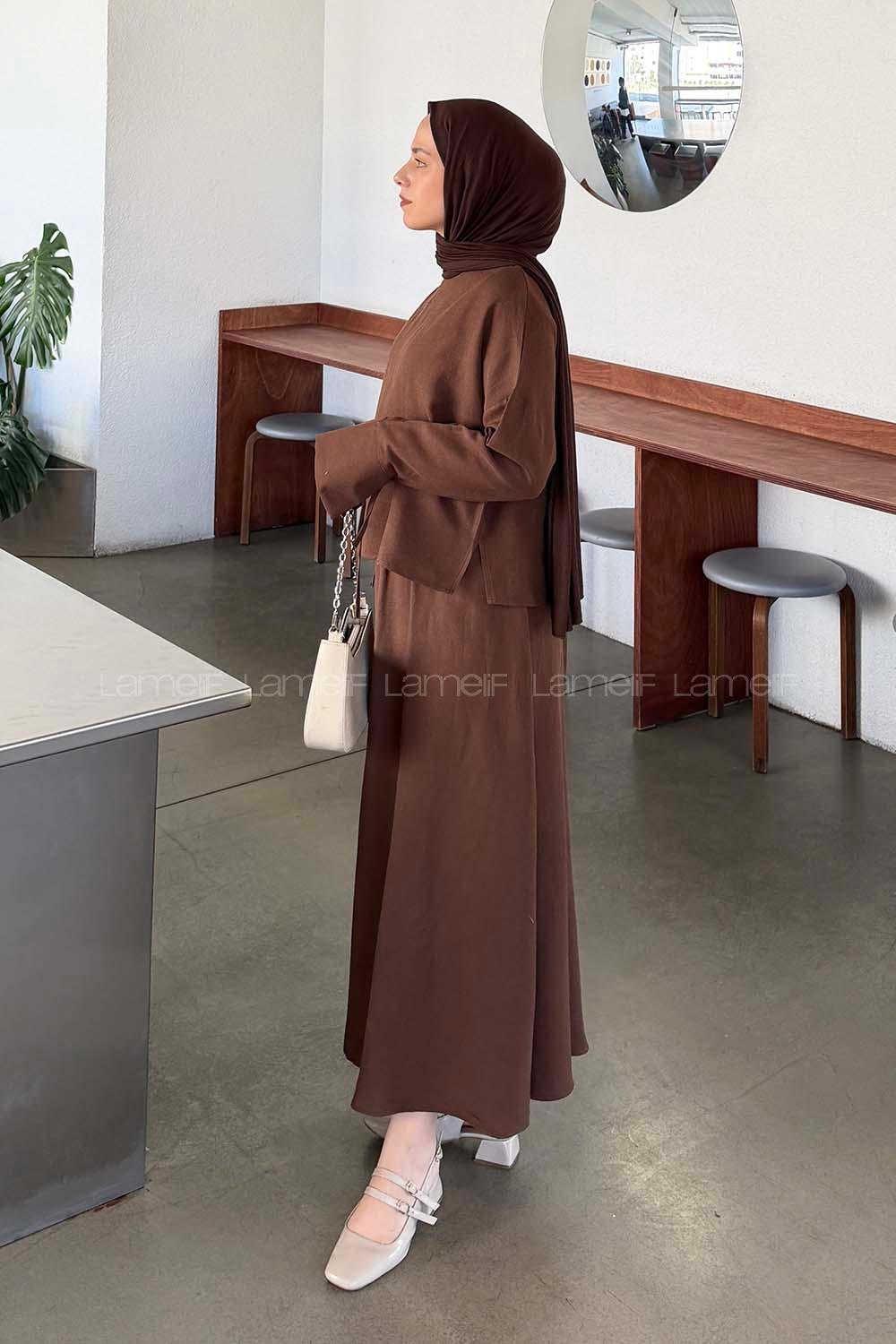 Bitter Brown Crew Neck Long Arm Linen Flared Skirt Suit