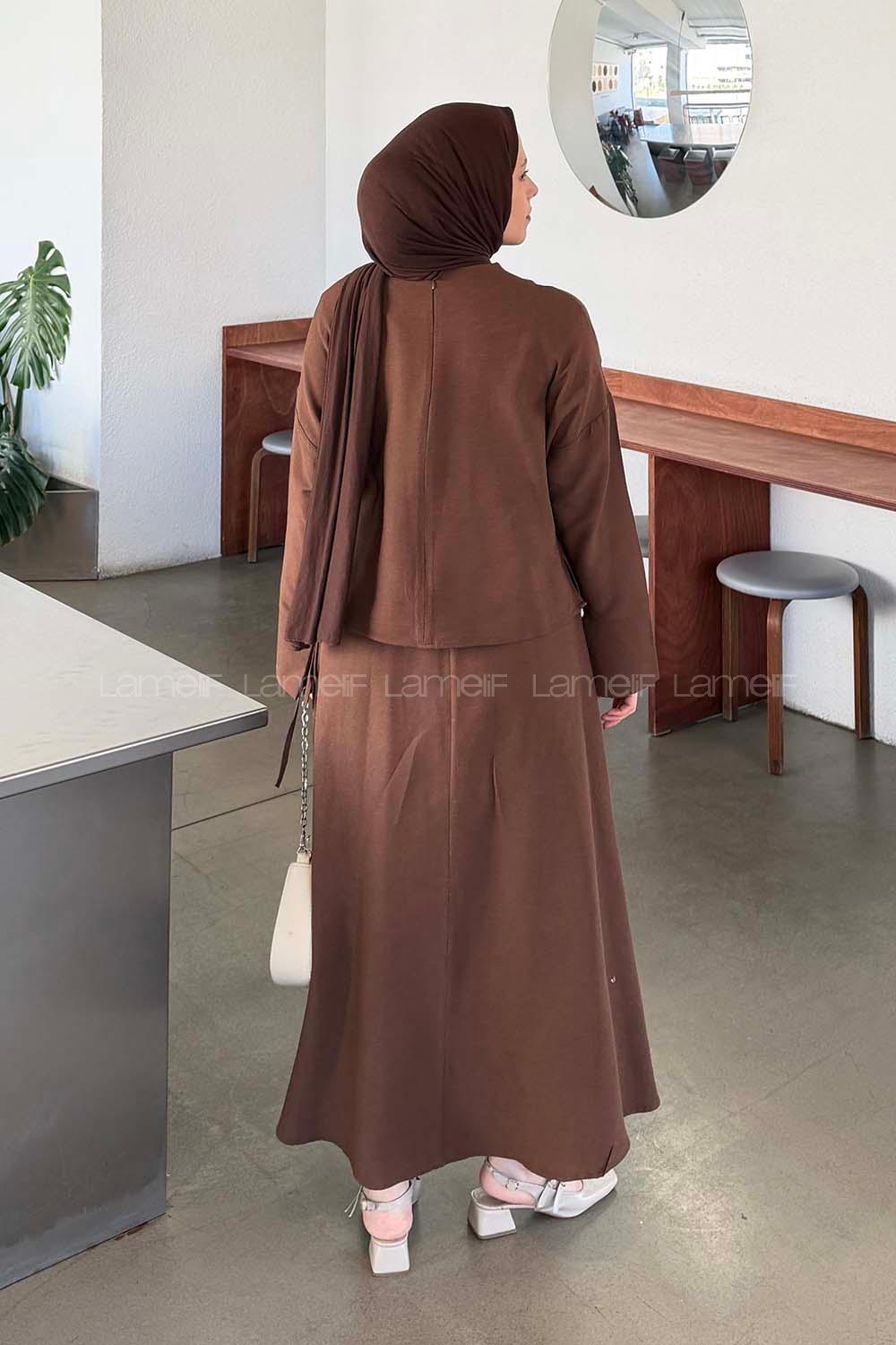 Bitter Brown Crew Neck Long Arm Linen Flared Skirt Suit