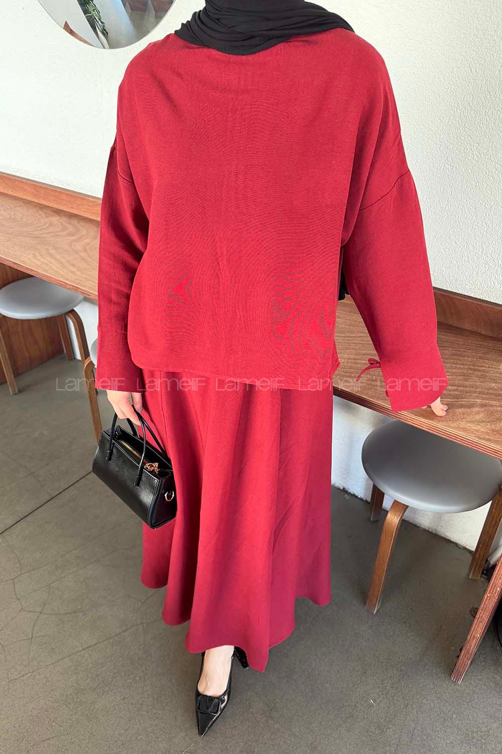 Claret Red Crew Neck Long Arm Linen Flared Skirt Suit