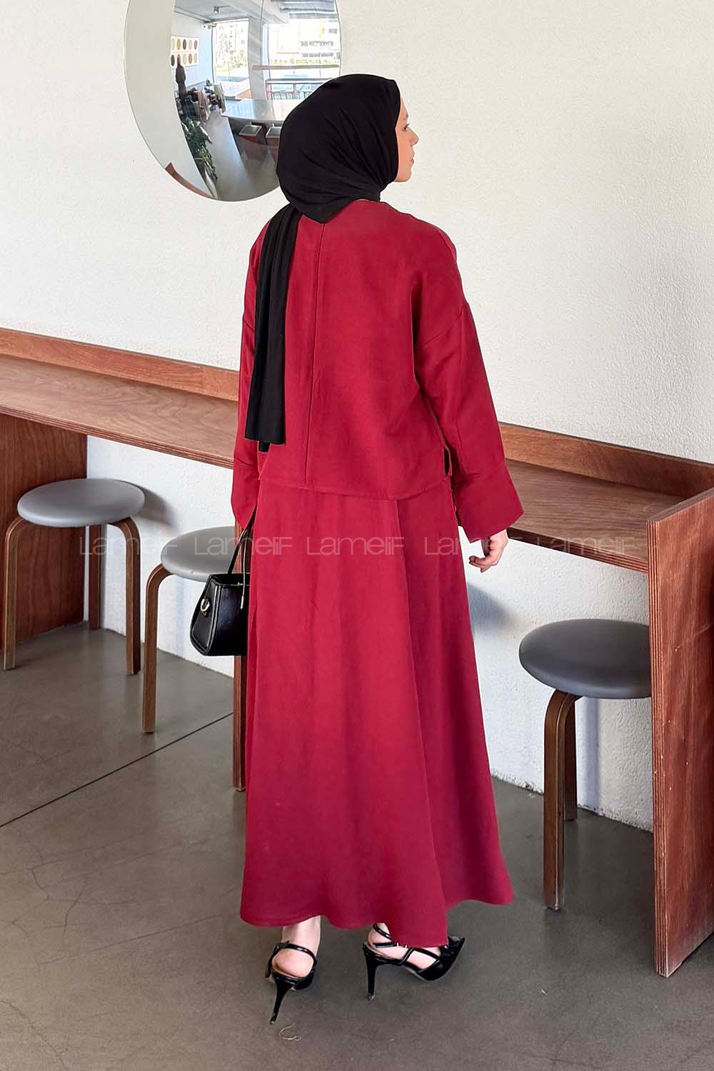 Claret Red Crew Neck Long Arm Linen Flared Skirt Suit