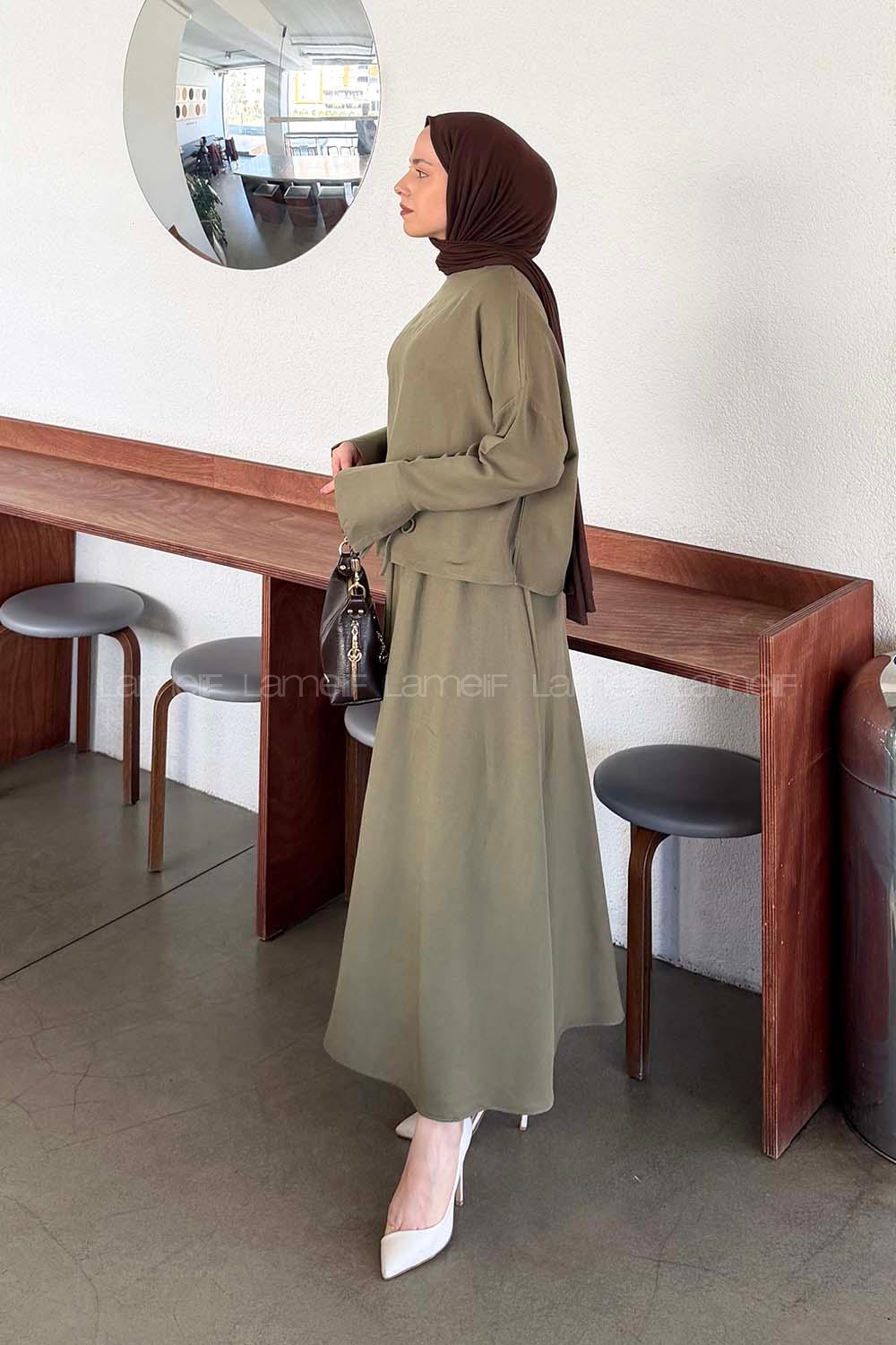 Khaki Crew Neck Long Arm Linen Flared Skirt Suit