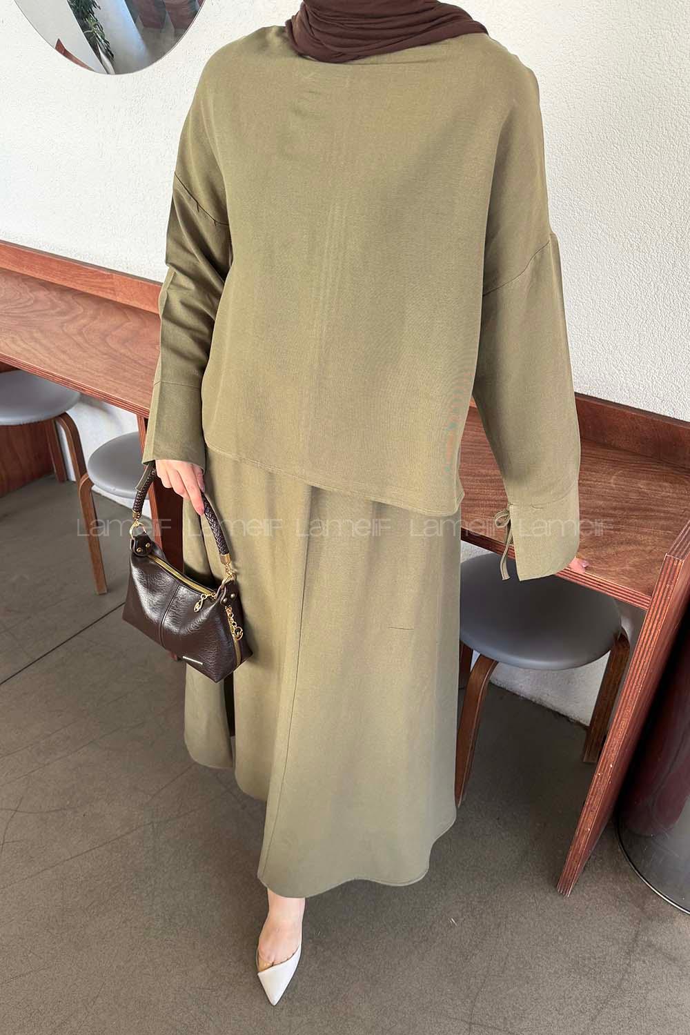 Khaki Crew Neck Long Arm Linen Flared Skirt Suit