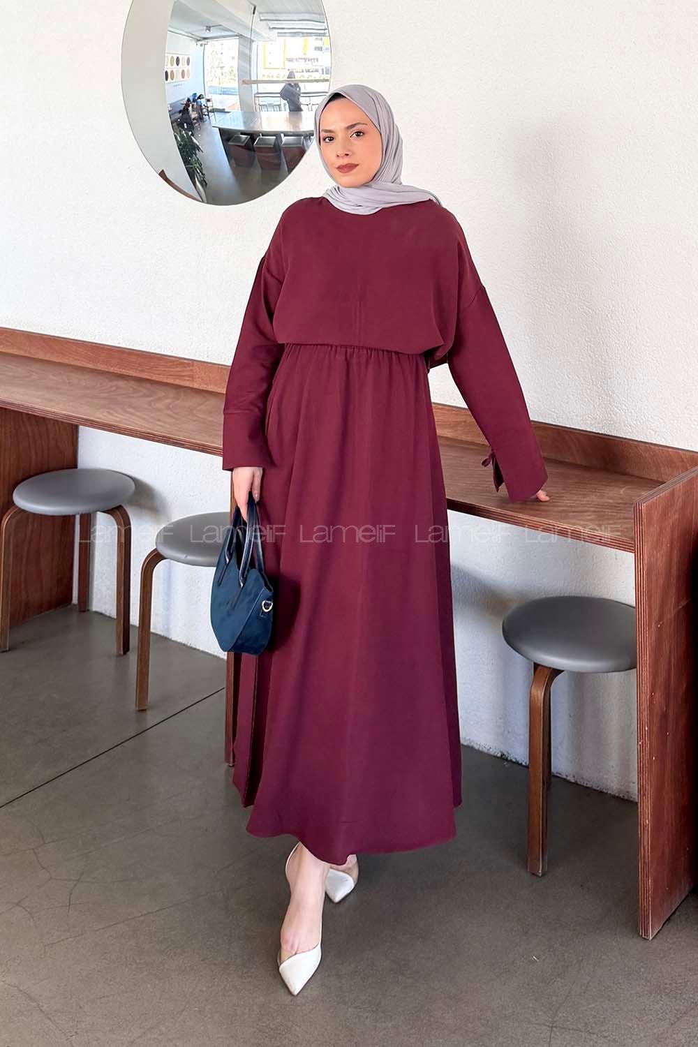 Plum Crew Neck Long Arm Linen Flared Skirt Suit