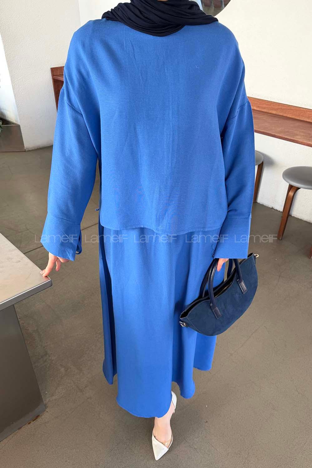 Lamelif Kol Biye Detaylı Takım Saks Mavisi