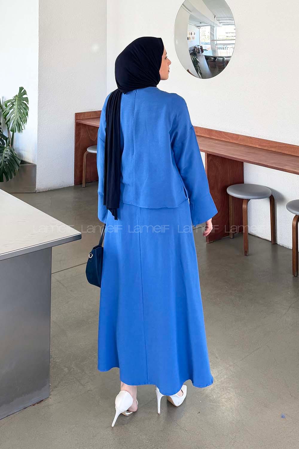 Lamelif Kol Biye Detaylı Takım Saks Mavisi