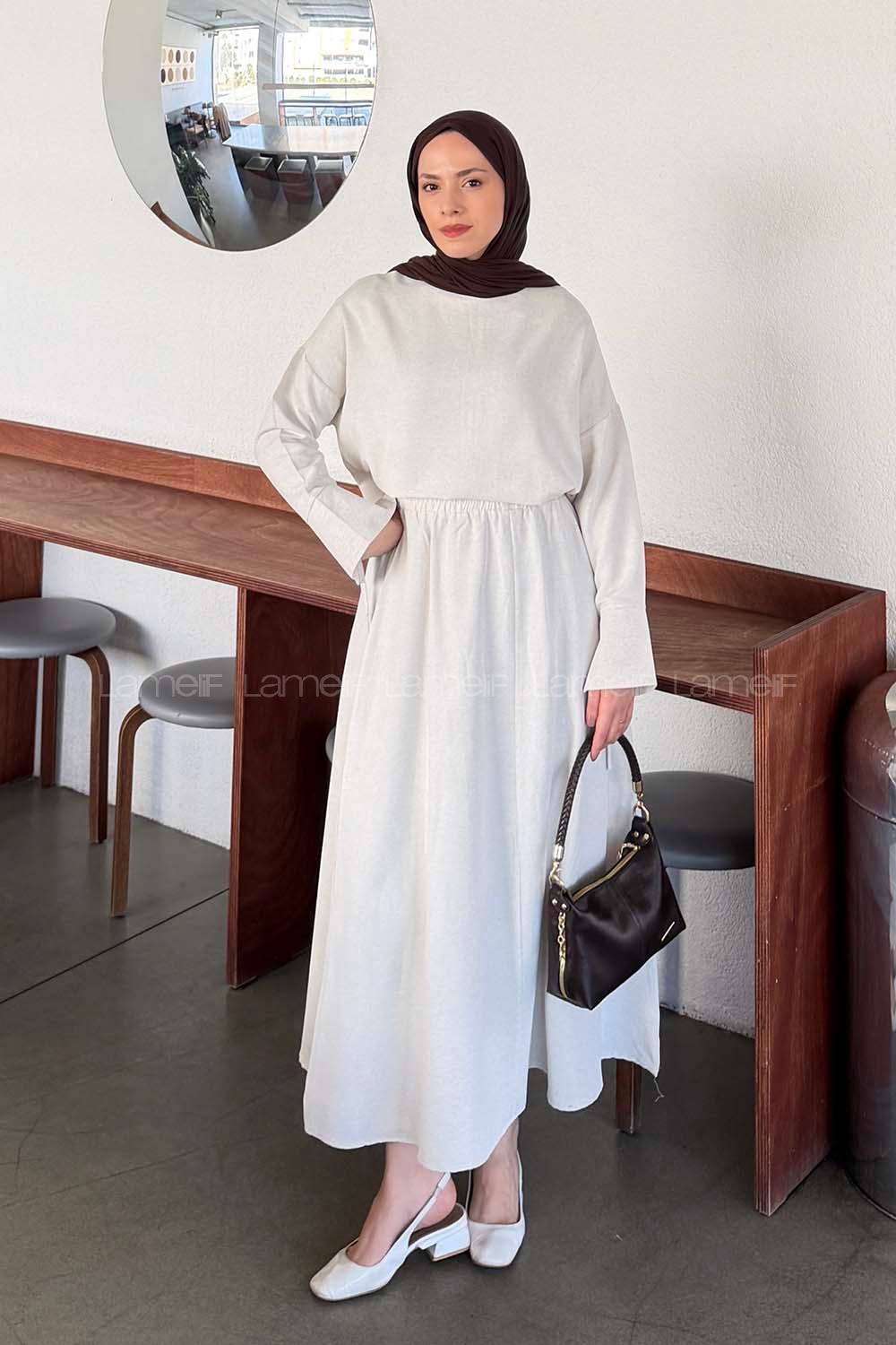 Stone Crew Neck Long Arm Linen Flared Skirt Suit