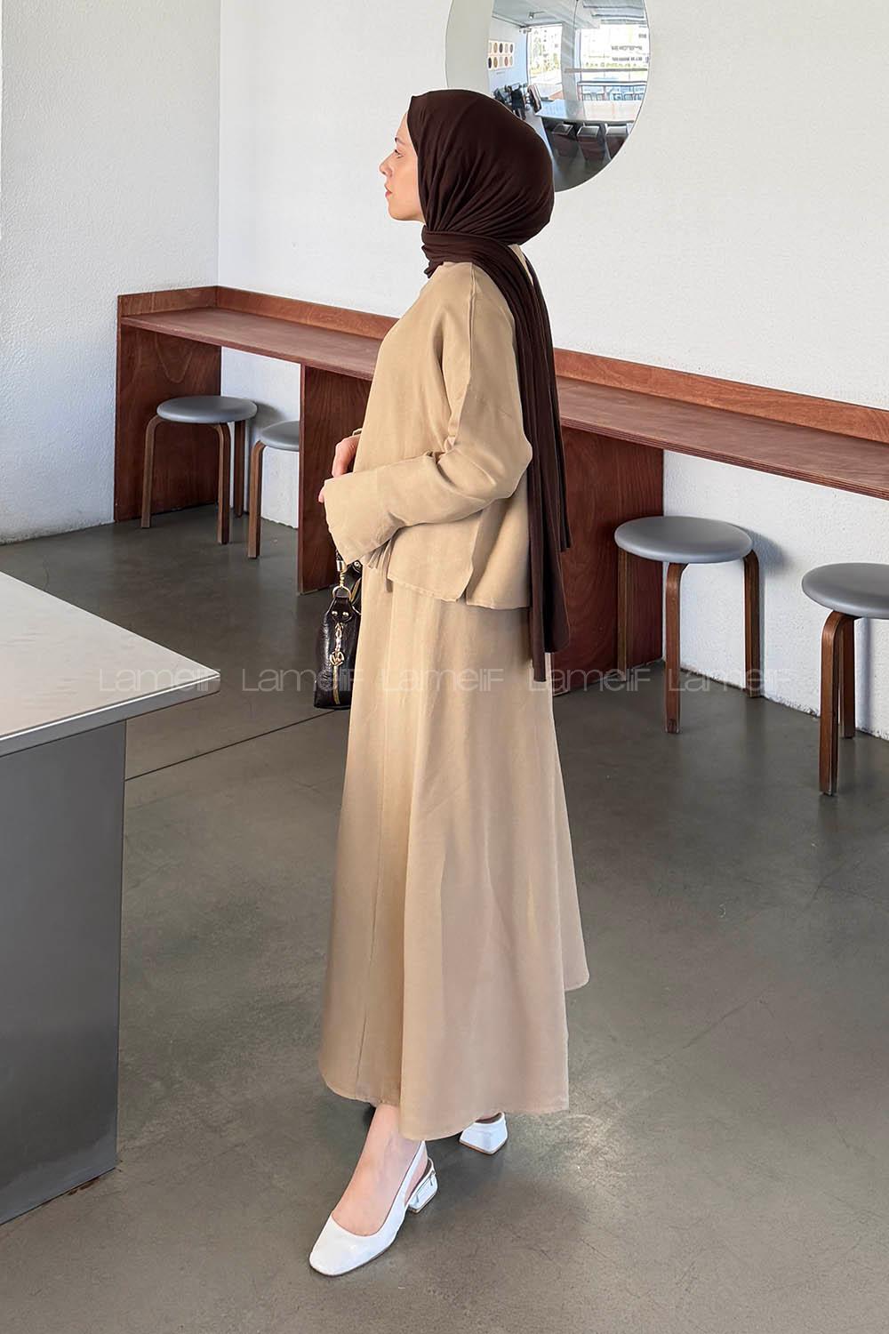 Mink Crew Neck Long Arm Linen Flared Skirt Suit