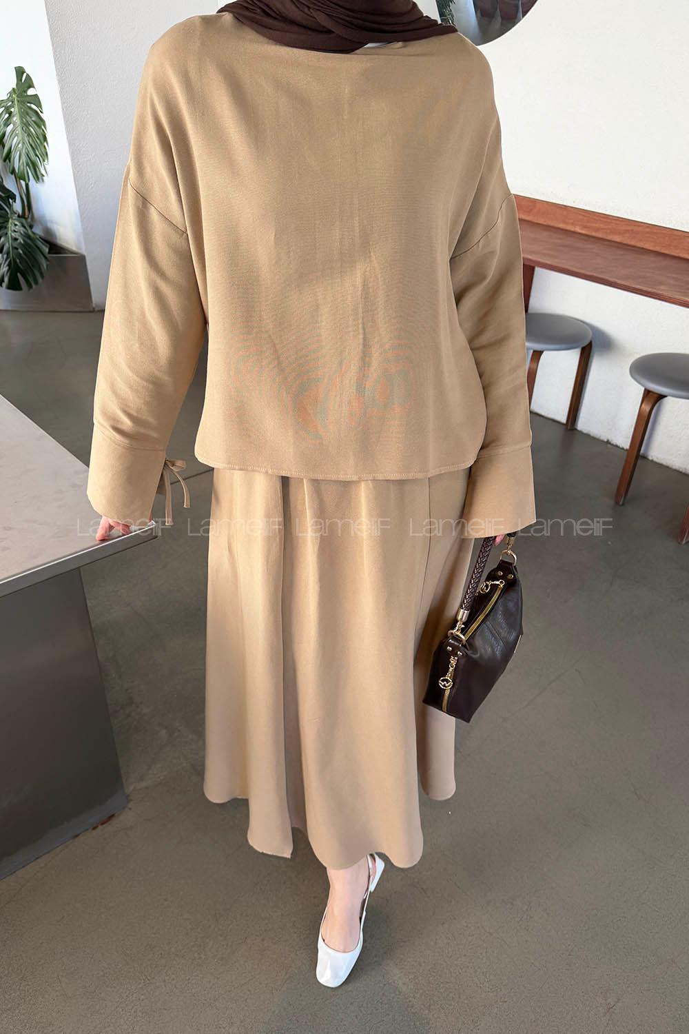 Mink Crew Neck Long Arm Linen Flared Skirt Suit