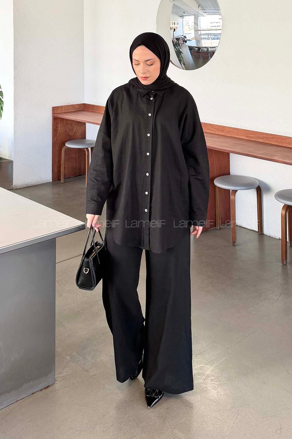 Black Shirt Collar Long Arm Linen Regular Trousers Comfortable Suit