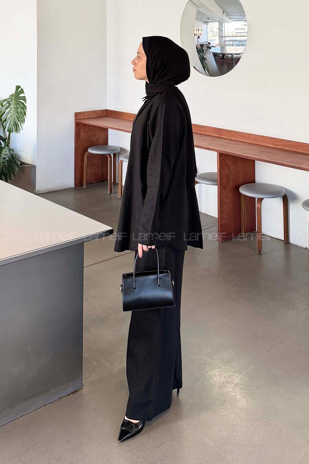 Black Shirt Collar Long Arm Linen Regular Trousers Comfortable Suit