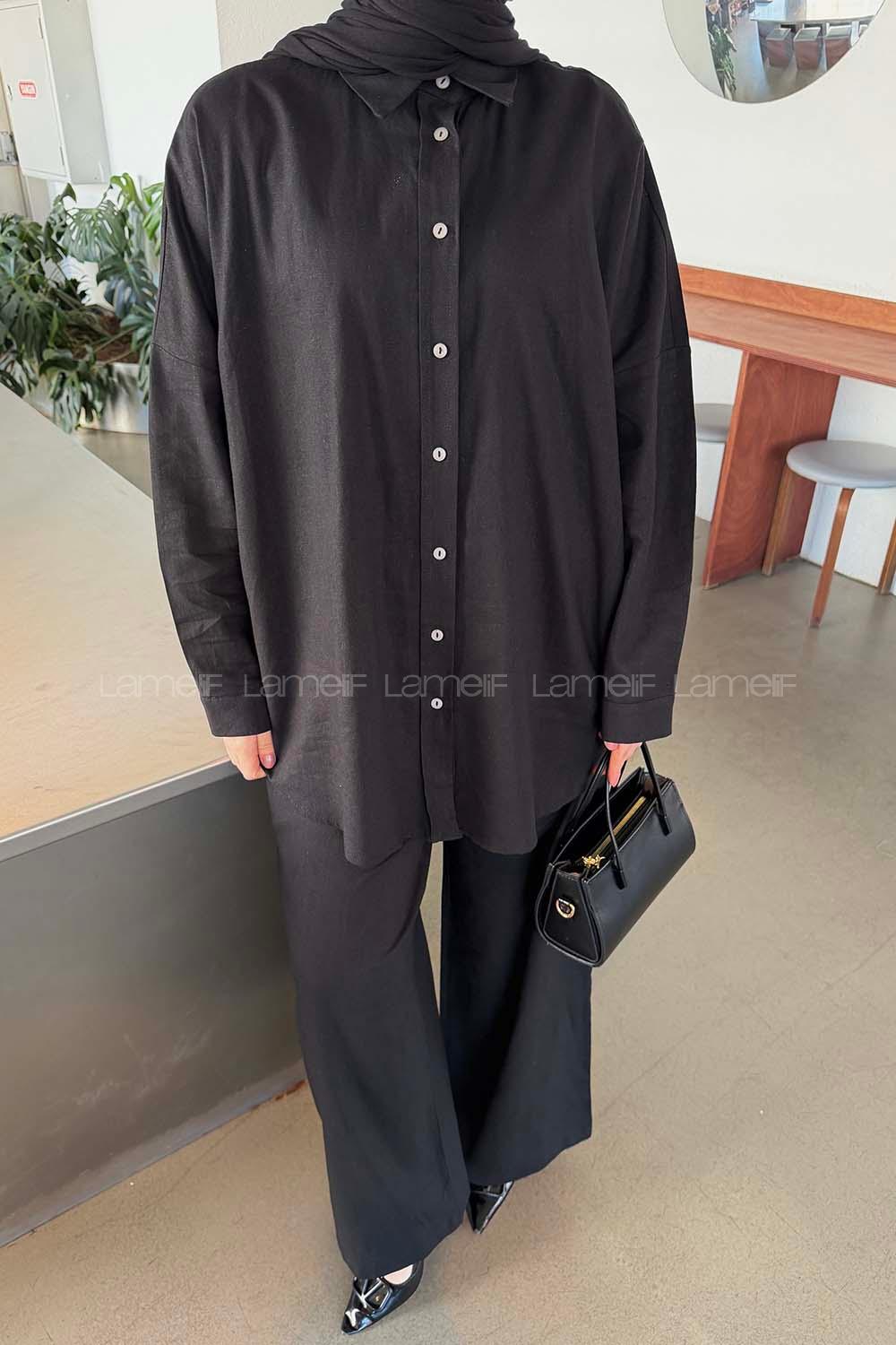 Black Shirt Collar Long Arm Linen Regular Trousers Comfortable Suit