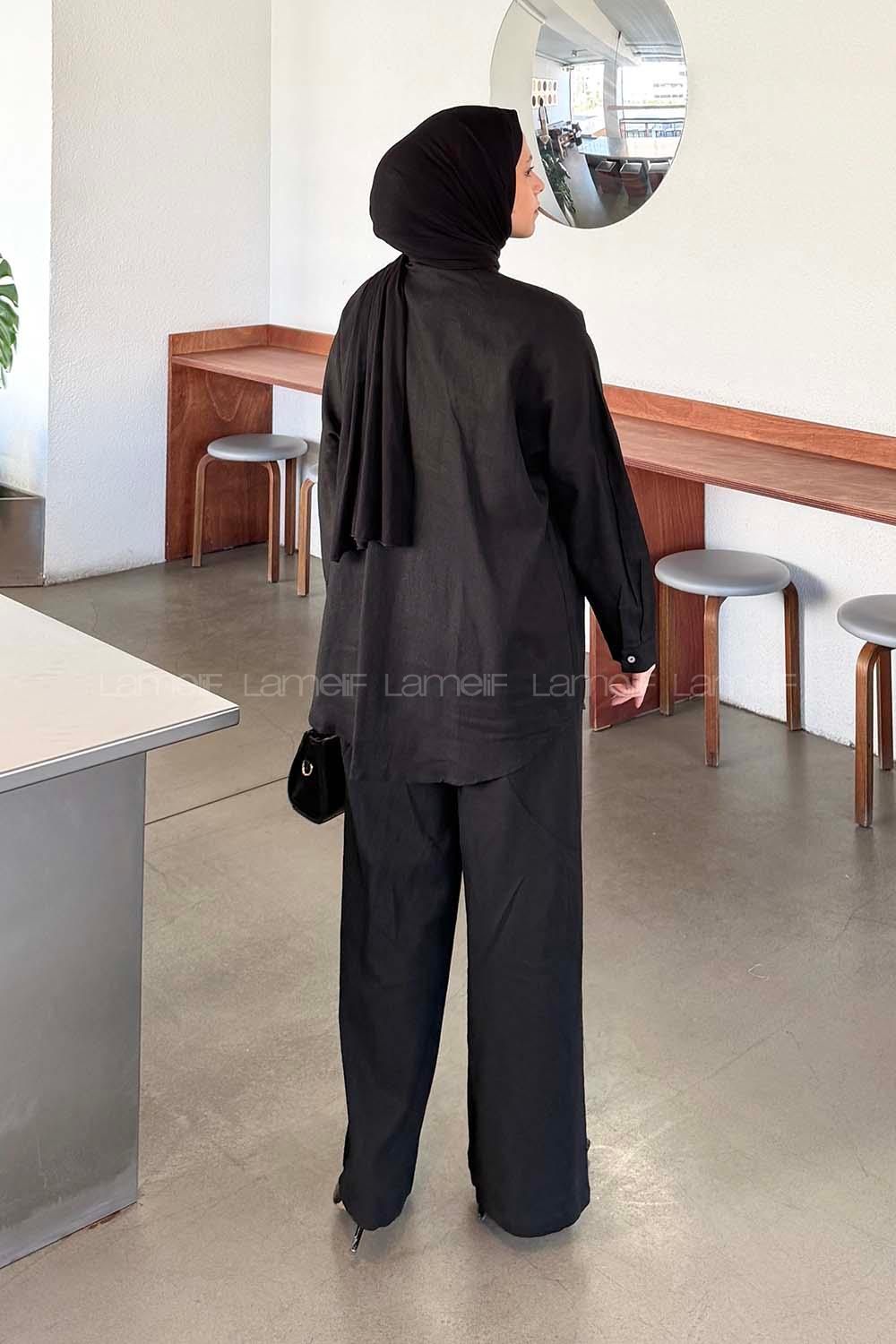 Black Shirt Collar Long Arm Linen Regular Trousers Comfortable Suit