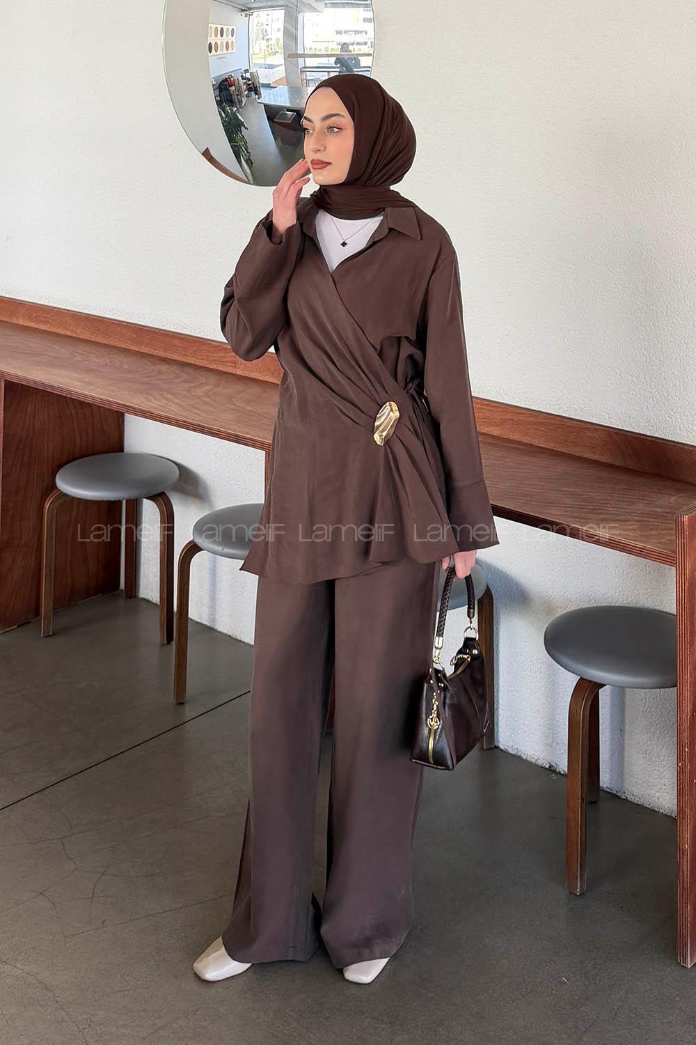 Brown Pool Neck Long Arm Modal Regular Trousers Comfortable Suit