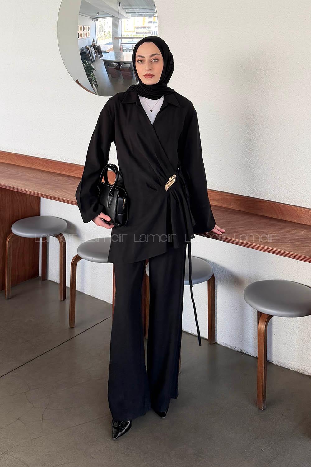 Black Pool Neck Long Arm Modal Regular Trousers Comfortable Suit