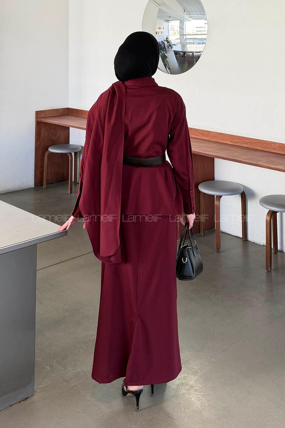 Lamelif Şal Detaylı Kemerli Takım Bordo