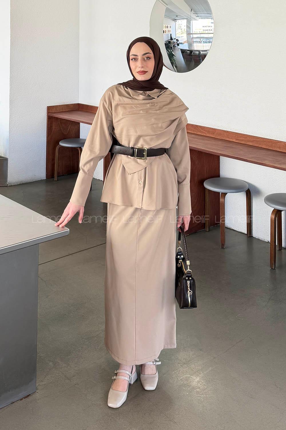 Mink Shirt Collar Long Arm Polyester Straight Skirt Suit