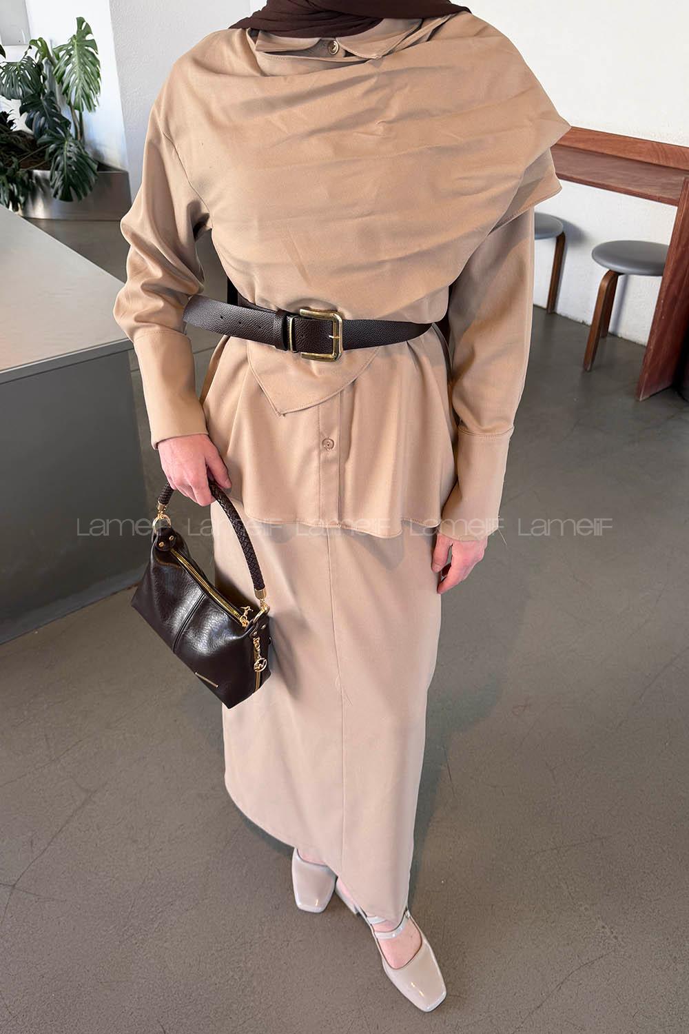 Mink Shirt Collar Long Arm Polyester Straight Skirt Suit