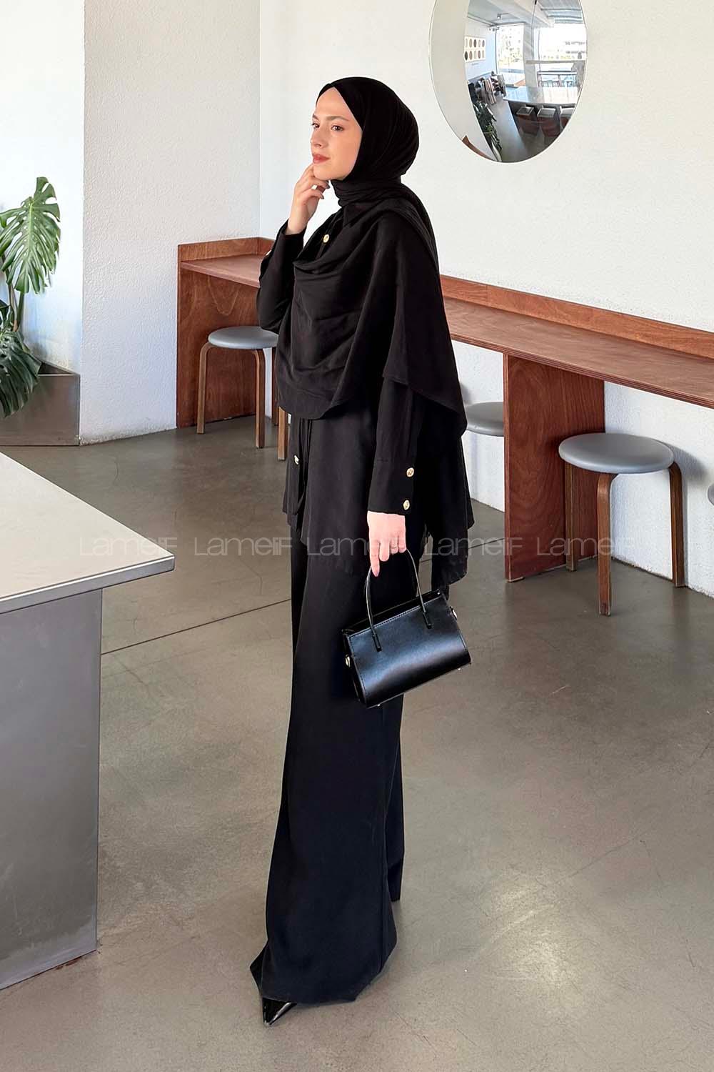 Black Shirt Collar Long Arm Viscose Fabric Regular Trousers Comfortable Suit