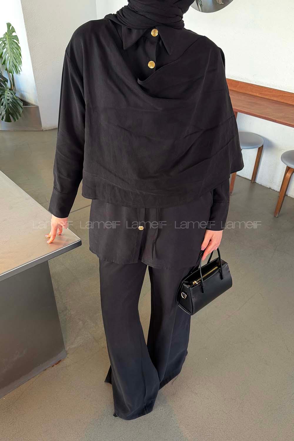 Black Shirt Collar Long Arm Viscose Fabric Regular Trousers Comfortable Suit