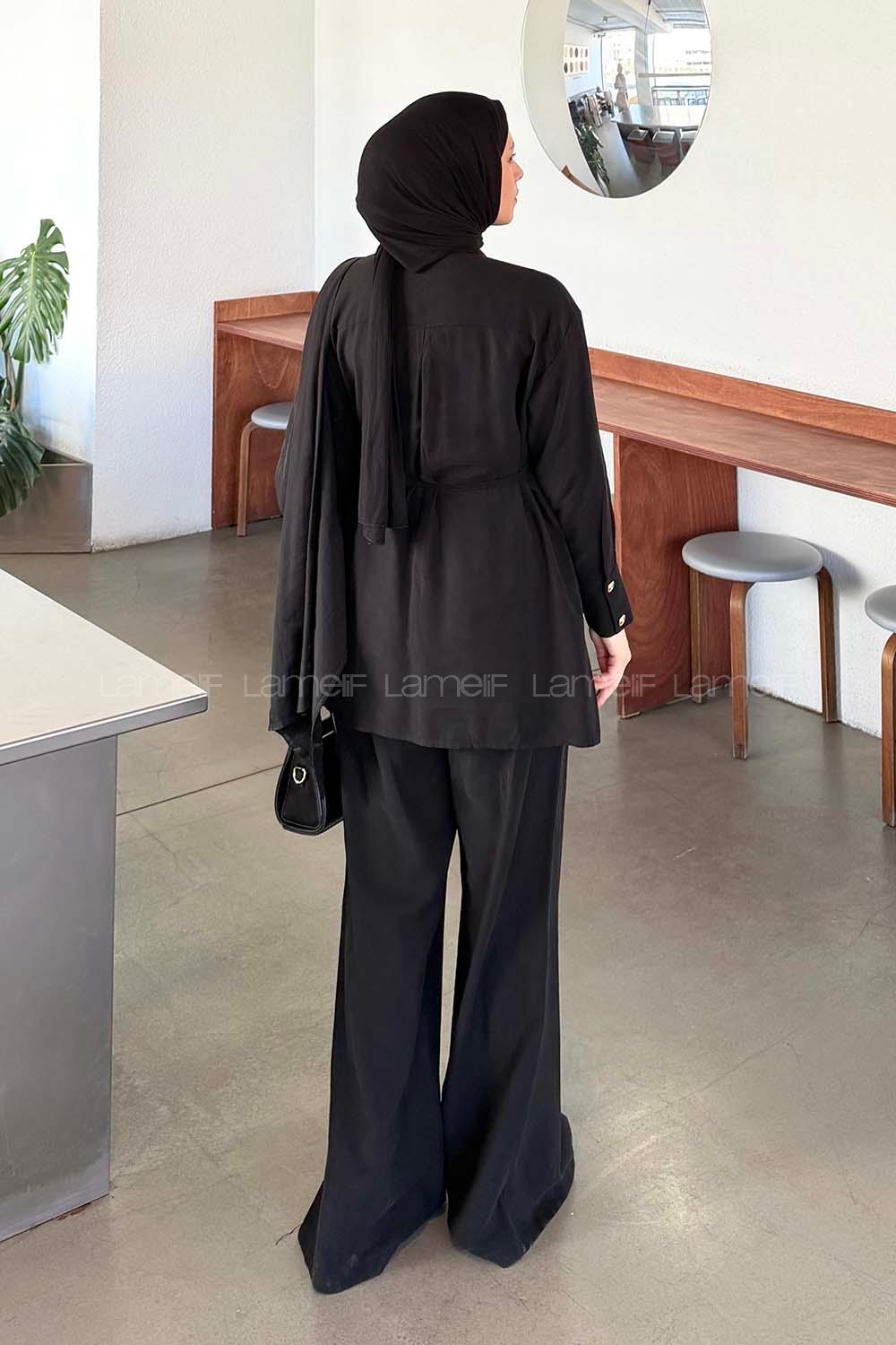 Black Shirt Collar Long Arm Viscose Fabric Regular Trousers Comfortable Suit