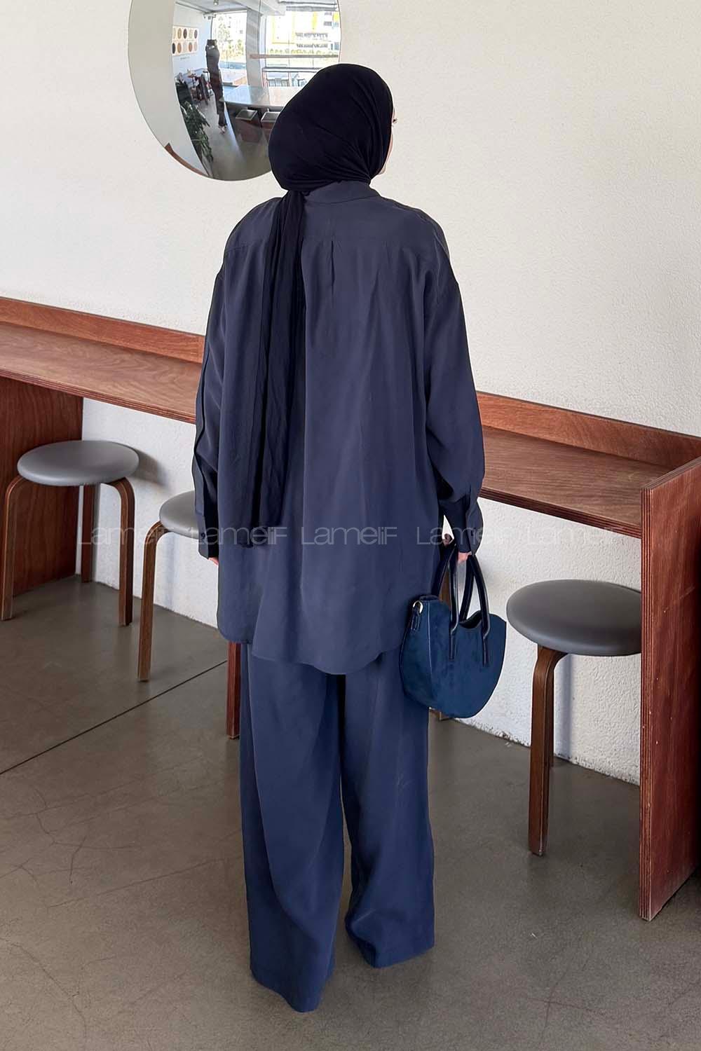 Navy Blue Shirt Collar Long Arm Modal Regular Trousers Comfortable Suit