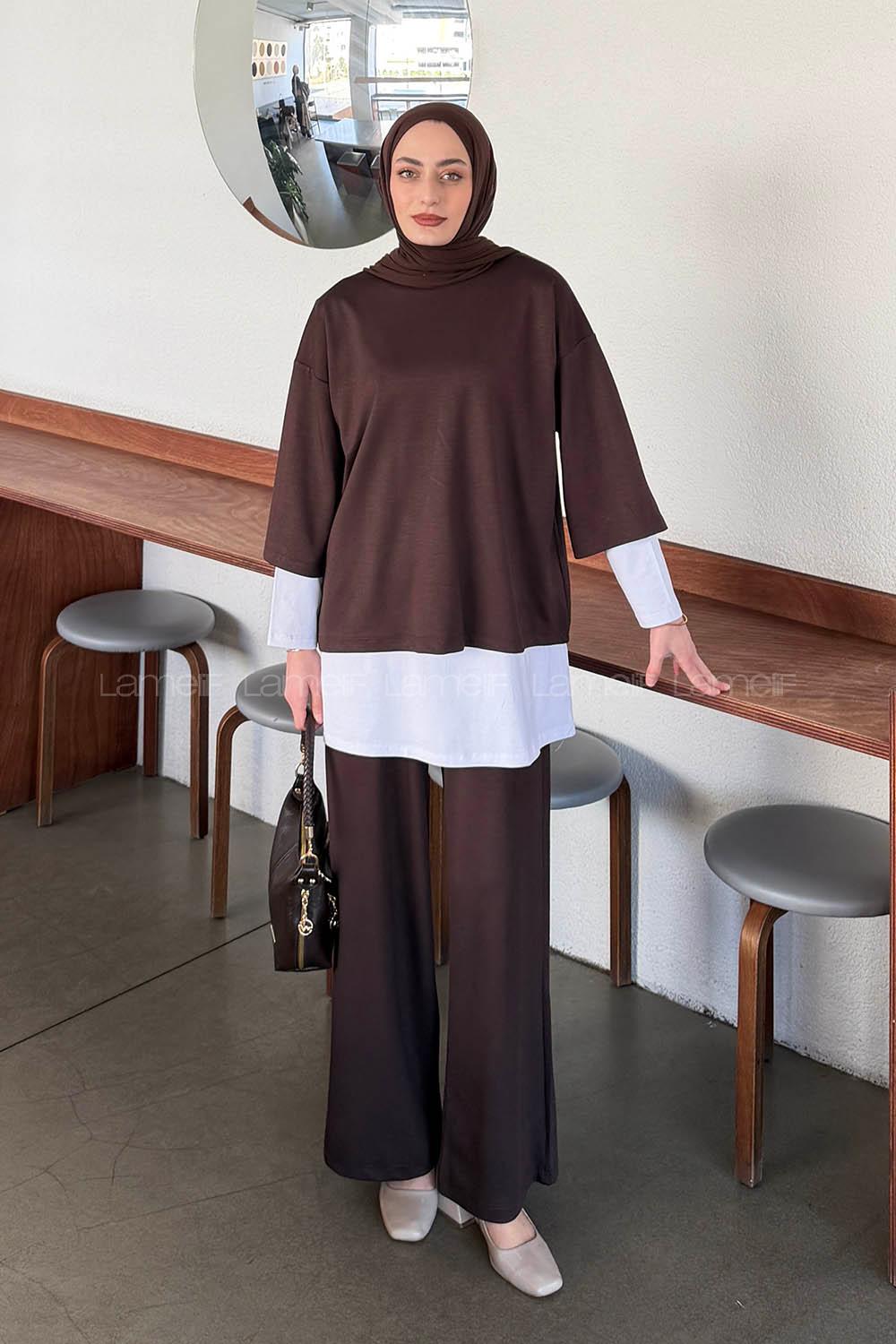 Bitter Brown Crew Neck Long Arm Cotton Regular Trousers Comfortable Suit