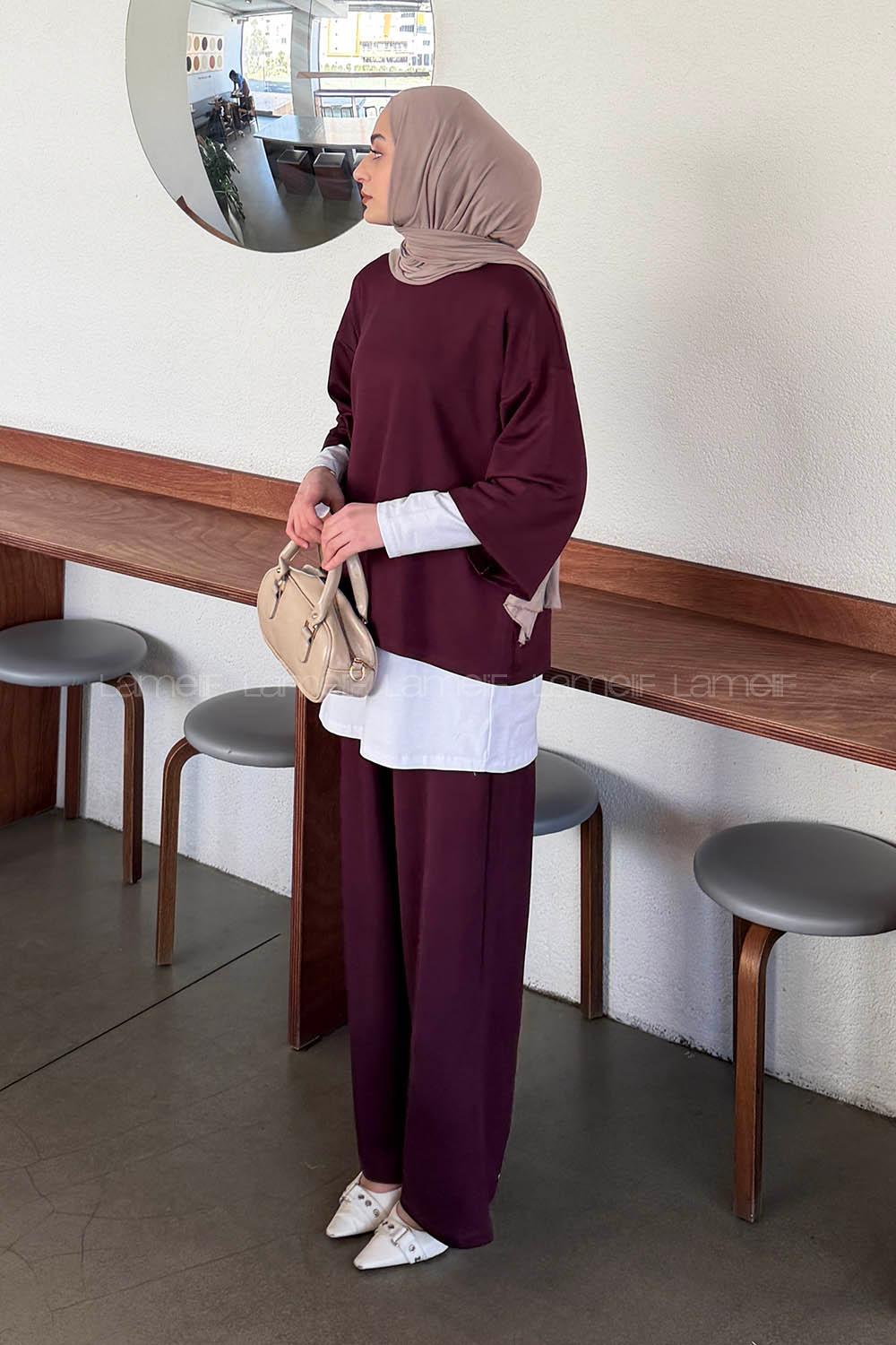 Lamelif Üçlü Tesettür Takım Bordo